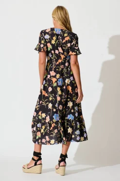 Discount Ellie Midi Dress in Black with Multi Floral Dresses|Casual