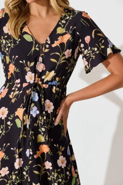 Discount Ellie Midi Dress in Black with Multi Floral Dresses|Casual