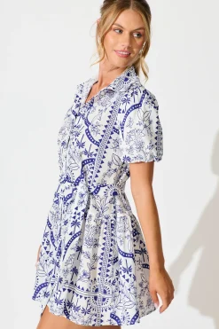 Fashion Eloise Shirt Dress in White and Blue Cotton Linen Dresses|Casual