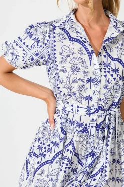 Fashion Eloise Shirt Dress in White and Blue Cotton Linen Dresses|Casual