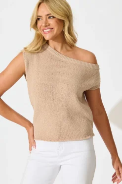 Best Elsie Knit Top in Beige Cotton Blend Tops|Knitwear