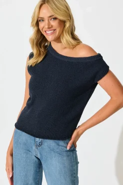 Discount Elsie Knit Top in Navy Cotton Blend Tops|Knitwear