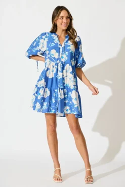 Hot Emelyn Smock Dress in Blue with White Floral Linen Blend Dresses|Casual