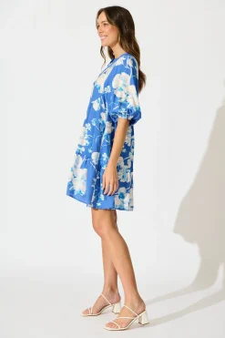 Hot Emelyn Smock Dress in Blue with White Floral Linen Blend Dresses|Casual