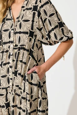 Fashion Emelyn Smock Dress in Cream with Black Tile Print Dresses|Casual