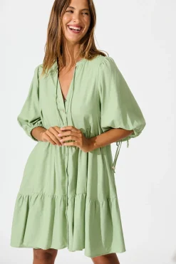 Best Emelyn Smock Dress in Sage Cotton Linen Dresses|Casual