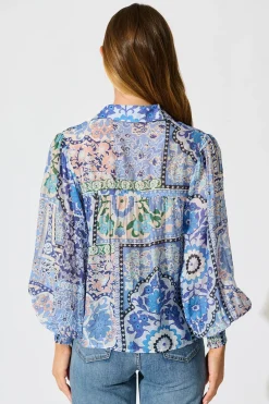Fashion Emma Shirt in Multi Blue Cotton Blend Tops