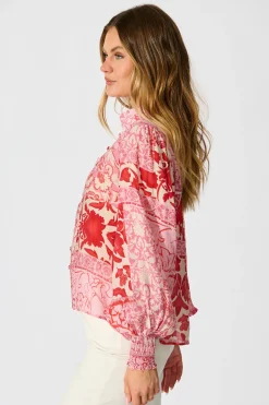 New Emma Shirt in Pink with Red Cotton Blend Tops|Workwear