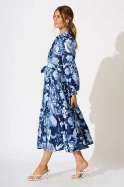 Best Enchanted Wave Maxi Shirt Dress in Navy with Blue Floral Linen Blend Engagement Party