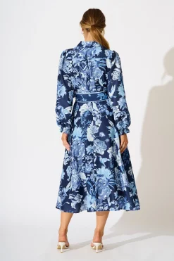 Best Enchanted Wave Maxi Shirt Dress in Navy with Blue Floral Linen Blend Engagement Party