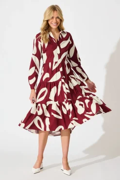 Online Endless Wishes Midi Shirt Dress in Wine with White Cotton Dresses|Casual