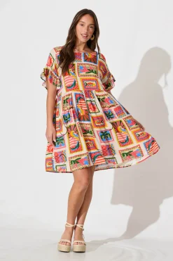 New Escape Smock Dress In Bright Multi Postcard Print Dresses|Casual