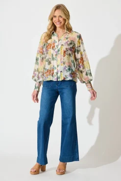 Fashion Esra Shirt in Cream with Multi Floral Print Tops