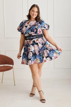 Online Ethereal Dress in Multi Blue Floral Linen Blend Dresses|Party