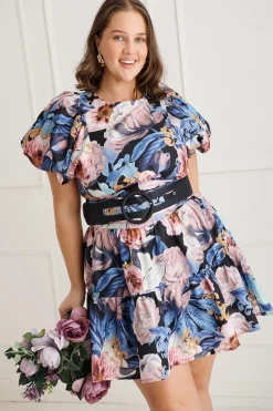 Online Ethereal Dress in Multi Blue Floral Linen Blend Dresses|Party