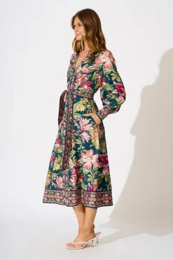 New Evelina Midi Dress in Green with Multi Floral Dresses|Party