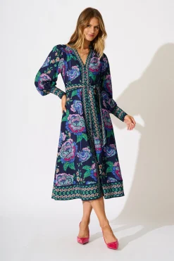 Sale Evelina Midi Dress in Navy with Multi Floral Dresses|Party