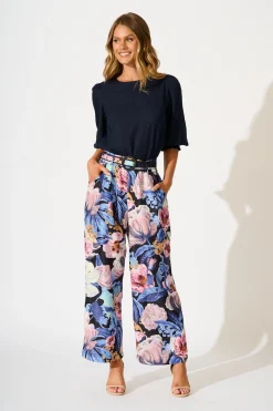 Discount Fantasy Pant in Multi Blue Floral Linen Blend Bottoms|Pants
