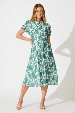 Online Farida Midi Dress in White with Green Floral Cotton Blend Dresses|Casual