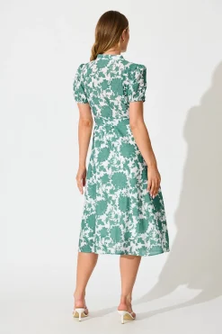 Online Farida Midi Dress in White with Green Floral Cotton Blend Dresses|Casual