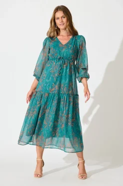 Hot Fatal Attraction Midi Dress in Blue with Multi Print Chiffon Dresses|Party