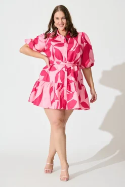 Clearance Fione Shirt Dress in Blush With Fuchsia Print Dresses|Party