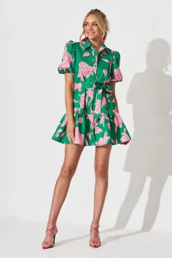 Discount Fione Shirt Dress In Green With Pink Floral Dresses|Party