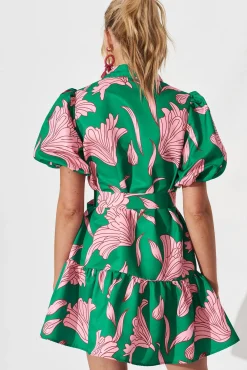 Discount Fione Shirt Dress In Green With Pink Floral Dresses|Party