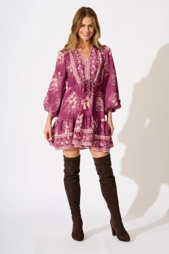 Hot Fiorella Dress in Purple with Pink Floral Dresses|Casual