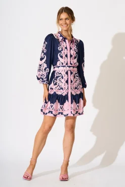 Online Flirtini Shirt Dress in Navy with Pink Placement Print Dresses|Party