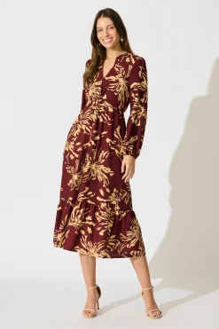 New Flora Script Maxi Dress in Wine with Cream Print Dresses|Party