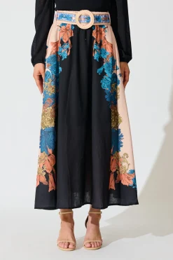 Fashion Floral Muse Maxi Skirt in Black Multi Floral Linen Blend Bottoms|Skirts & Shorts