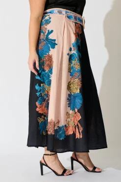 Fashion Floral Muse Maxi Skirt in Black Multi Floral Linen Blend Bottoms|Skirts & Shorts
