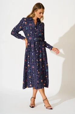 Sale Framed in Florals Midi Shirt Dress in Navy with Multi Floral Dresses|Party