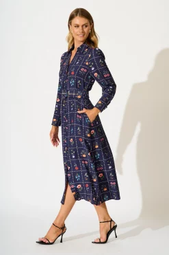 Sale Framed in Florals Midi Shirt Dress in Navy with Multi Floral Dresses|Party