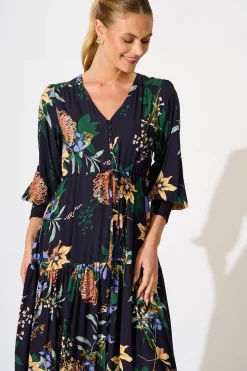New Francis Midi Dress in Navy with Multi Floral Dresses|Casual