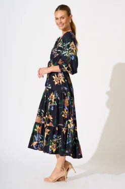 New Francis Midi Dress in Navy with Multi Floral Dresses|Casual