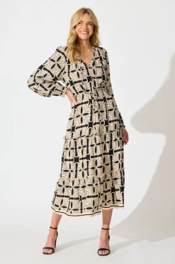 Sale Frankie Midi Dress in Cream with Black Tile Print Dresses|Casual