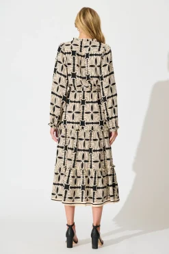 Sale Frankie Midi Dress in Cream with Black Tile Print Dresses|Casual