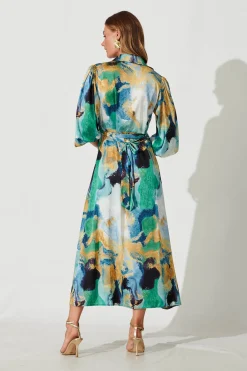 Best Gabi Maxi Shirt Dress In Blue Green Watercolour Dresses|Party