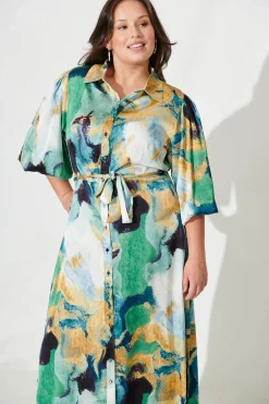 Best Gabi Maxi Shirt Dress In Blue Green Watercolour Dresses|Party