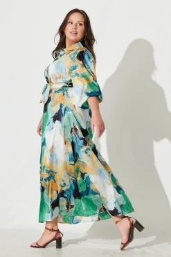 Best Gabi Maxi Shirt Dress In Blue Green Watercolour Dresses|Party