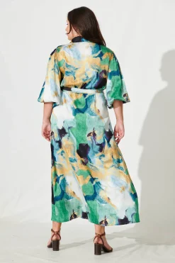 Best Gabi Maxi Shirt Dress In Blue Green Watercolour Dresses|Party