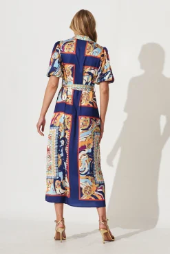 Sale Gabriela Maxi Shirt Dress In Navy Multi Print Satin Dresses|Party