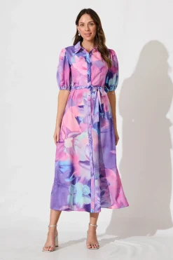 New Gabriela Maxi Shirt Dress In Pink With Purple Floral Dresses|Party