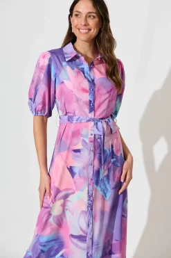New Gabriela Maxi Shirt Dress In Pink With Purple Floral Dresses|Party