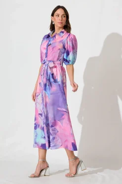 New Gabriela Maxi Shirt Dress In Pink With Purple Floral Dresses|Party