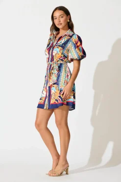 Discount Gabrielino Shirt Dress In Navy Multi Print Satin Dresses|Casual