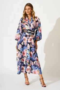 Best Garden Gala Maxi Dress in Multi Blue Floral Linen Blend Dresses|Party