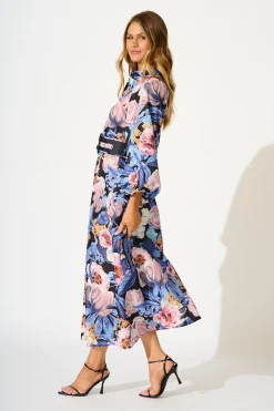 Best Garden Gala Maxi Dress in Multi Blue Floral Linen Blend Dresses|Party